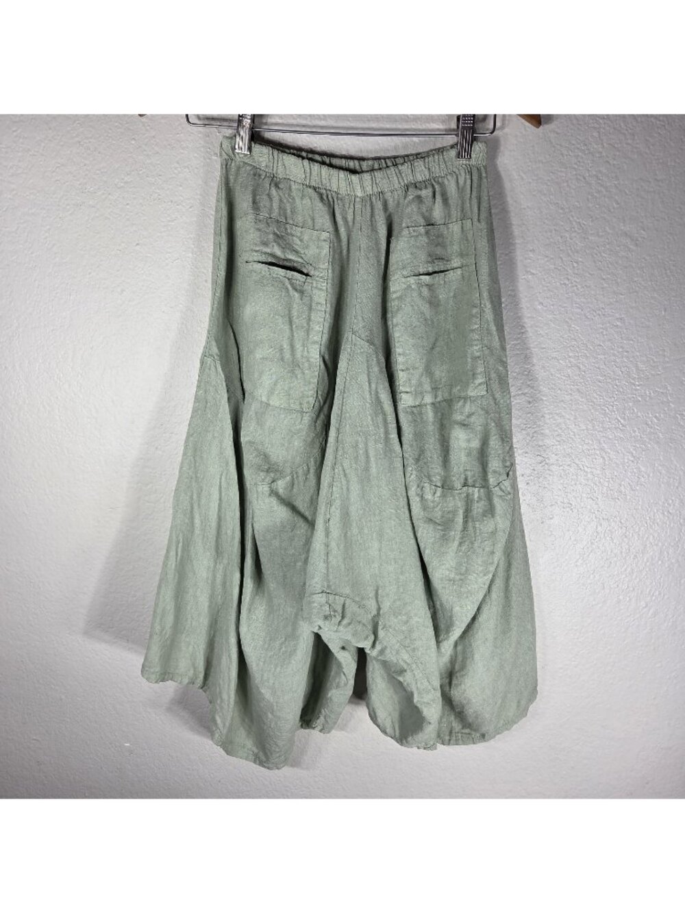 Eternelle Linen Cargo Harem Pants Drop Crotch Elastic Waist Size XS Sage Green